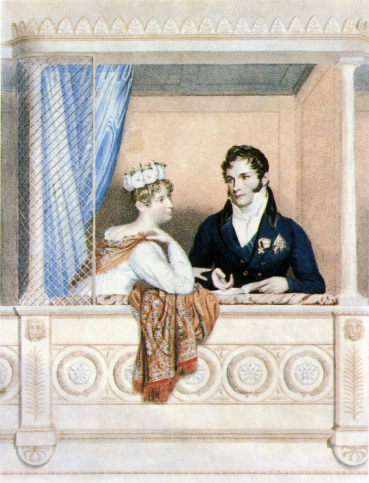 Un'illustrazione della Principessa Charlotte di Galles (1796-1817) e di suo marito, il Principe Leopoldo di Sassonia-Coburgo e Gotha (1790-1865) nel loro palco a Covent Garden, ca. 1817 (Wikimedia Commons)