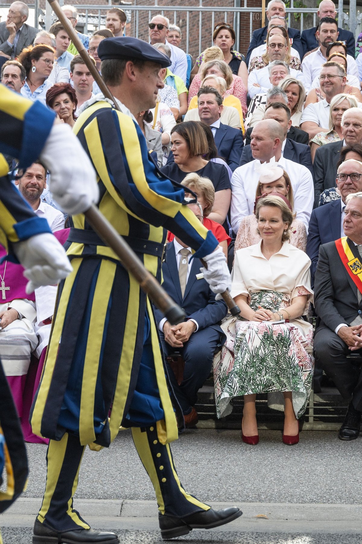 Queen Mathilde of the Belgians attends Kroningsfeesten, a traditional religious procession in Tongeren, on July 7, 2023 (BRUNO FAHY/Belga/AFP via Getty Images)