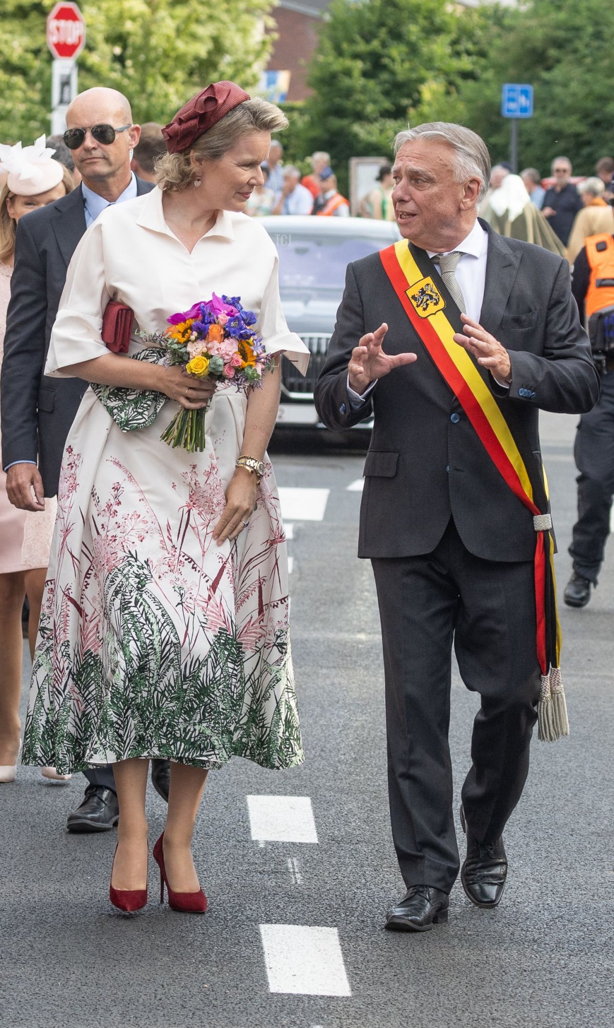 Queen Mathilde of the Belgians attends Kroningsfeesten, a traditional religious procession in Tongeren, on July 7, 2023 (BRUNO FAHY/Belga/AFP via Getty Images)