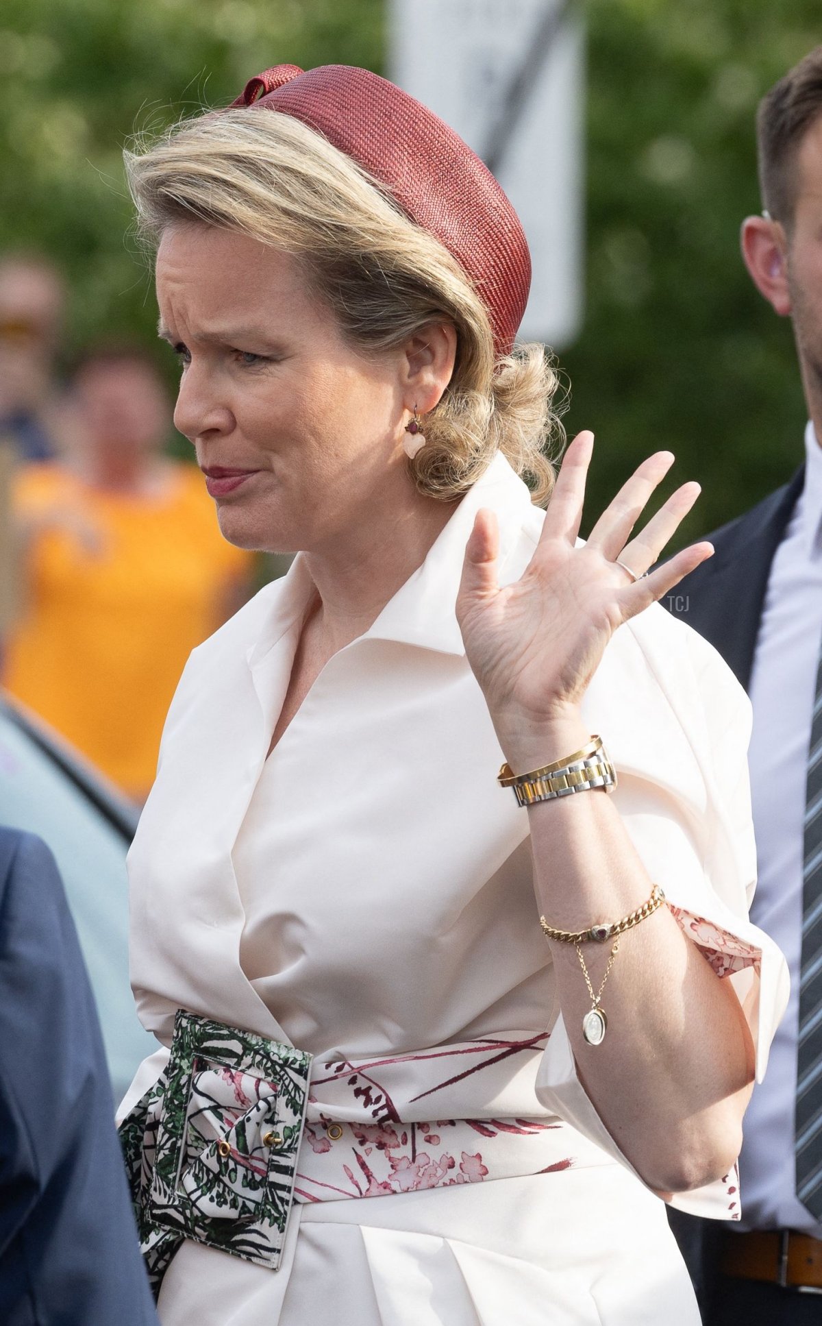 Queen Mathilde of the Belgians attends Kroningsfeesten, a traditional religious procession in Tongeren, on July 7, 2023 (BRUNO FAHY/Belga/AFP via Getty Images)