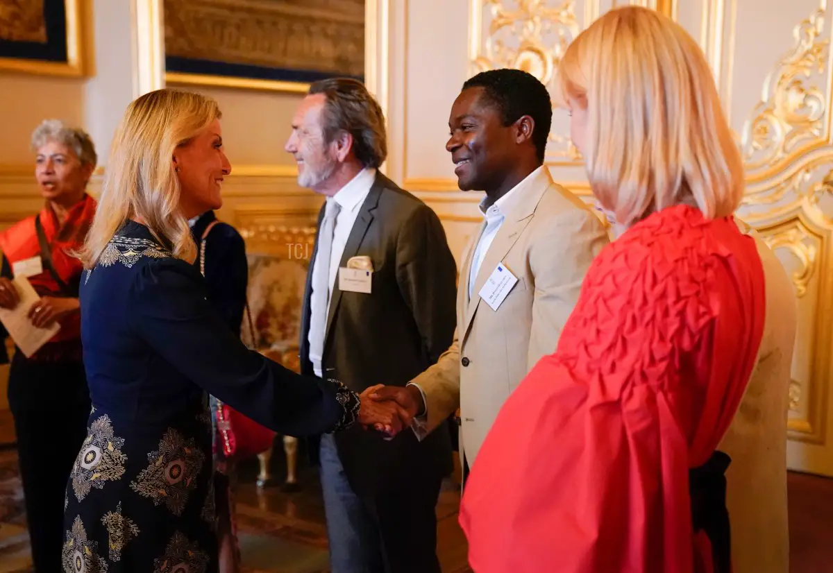 La Duchessa di Edimburgo saluta David Oyelowo durante una cena al Castello di Windsor per celebrare il lavoro di William Shakespeare, nel 400° anniversario della pubblicazione del Primo Folio il 18 luglio 2023 (Andrew Matthews - Pool/Getty Images)