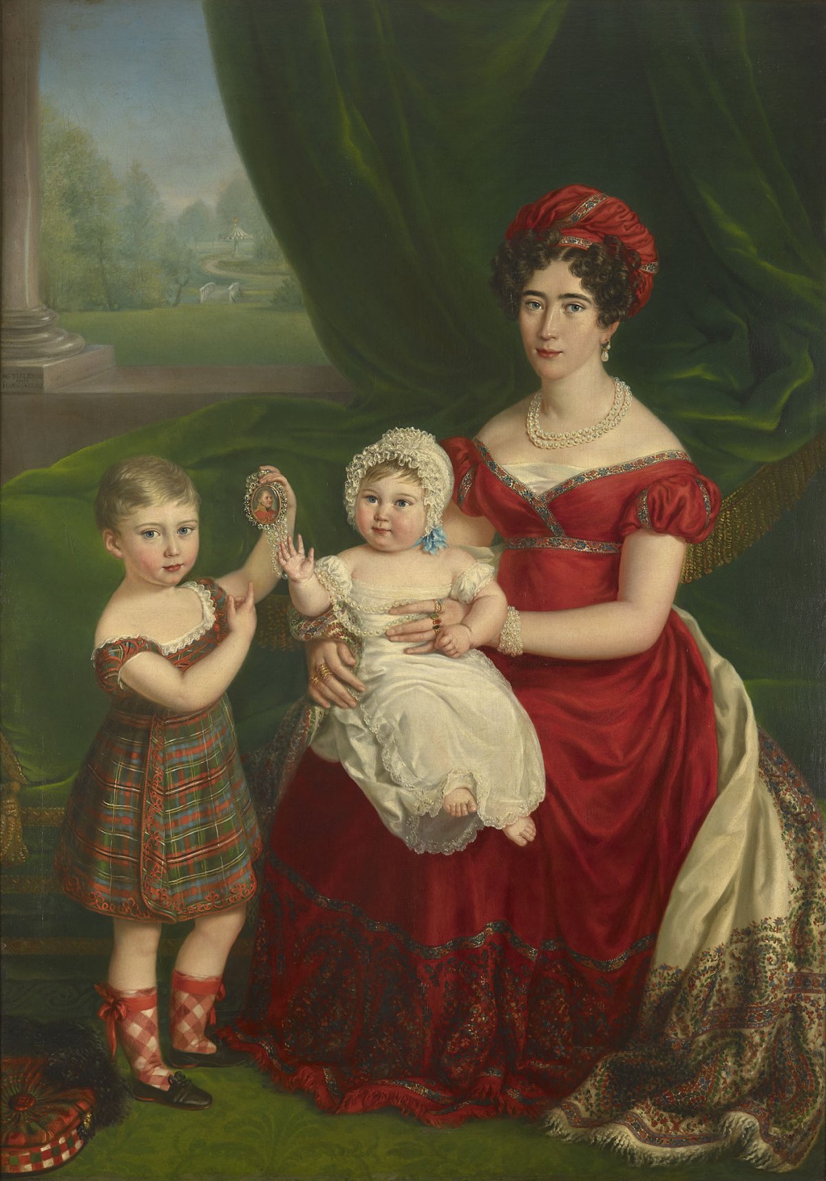 Il dipinto di M.G. Tieleman della Principessa Augusta, Duchessa di Cambridge con i suoi due figli maggiori, Principe Giorgio e Principessa Augusta, 1823 (Royal Collection Trust)