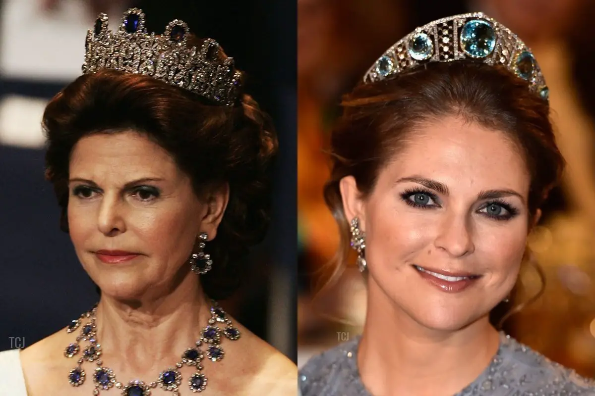 Queen Silvia of Sweden attends the Nobel Prize ceremony in Stockholm on December 10, 2004 (Pascal Le Segretain/Getty Images), Princess Madeleine of Sweden attends the Nobel Prize banquet in Stockholm on December 10, 2015 (Pascal Le Segretain/Getty Images)