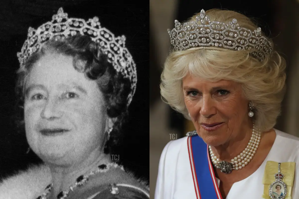 La Regina Madre arriva al Royal Opera House durante la visita di Stato belga, maggio 1963 (AFP via Getty Images), La Duchessa di Cornovaglia partecipa all'Apertura dello Stato del Parlamento a Londra, maggio 2016 (Dan Kitwood/Getty Images)