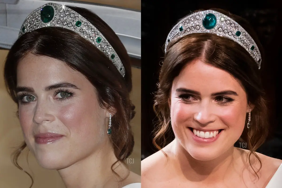 La Principessa Eugenie di York è ritratta nel giorno del suo matrimonio a Windsor, 12 ottobre 2018 (Alastair Grant - WPA Pool/Getty Images, DANNY LAWSON/AFP via Getty Images)