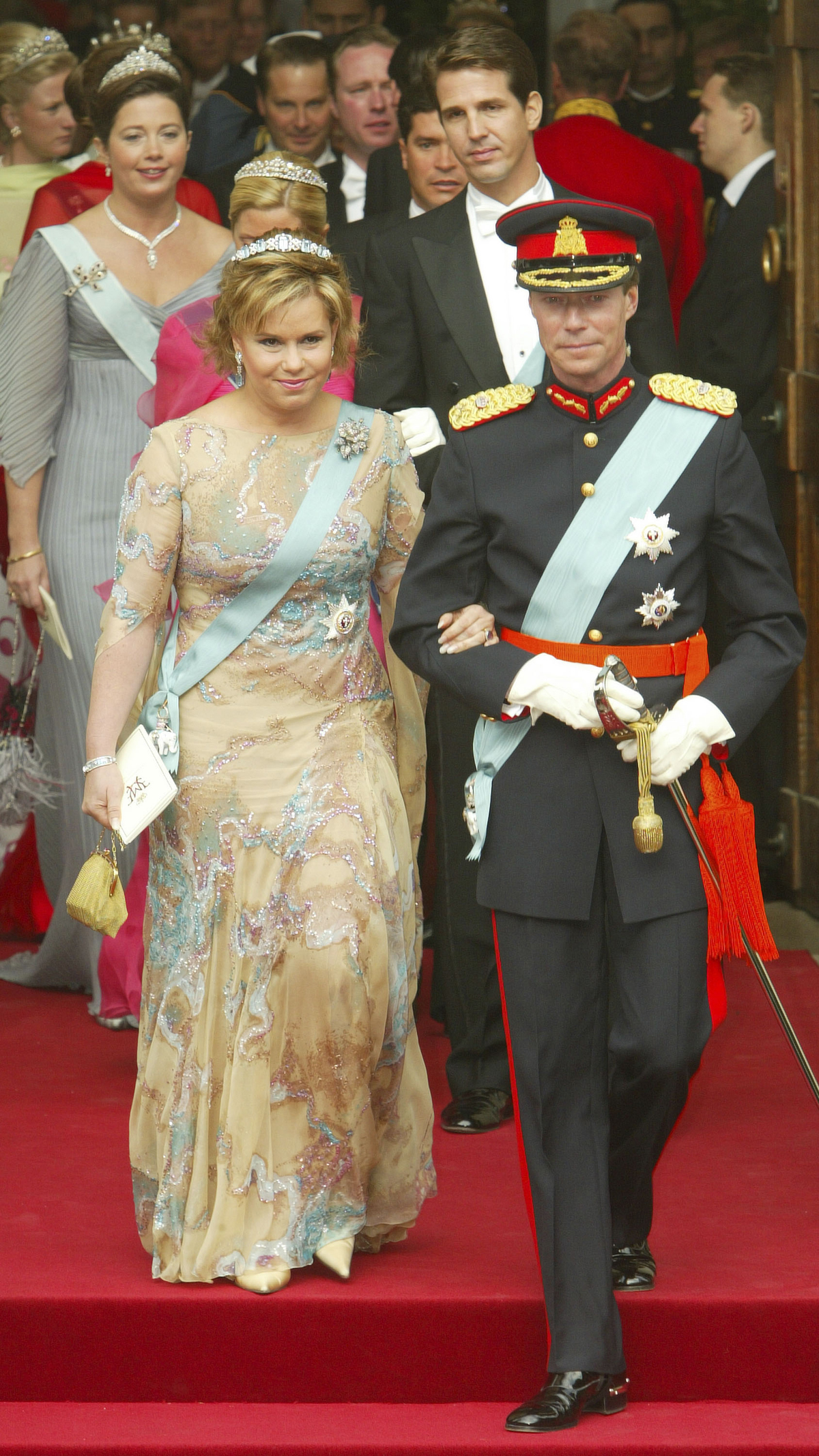 Il Granduca Enrico e la Granduchessa Maria Teresa del Lussemburgo partecipano al matrimonio del Principe Ereditario Frederik di Danimarca e Mary Elizabeth Donaldson a Copenaghen il 14 maggio 2004 (Pascal Le Segretain/Getty Images)