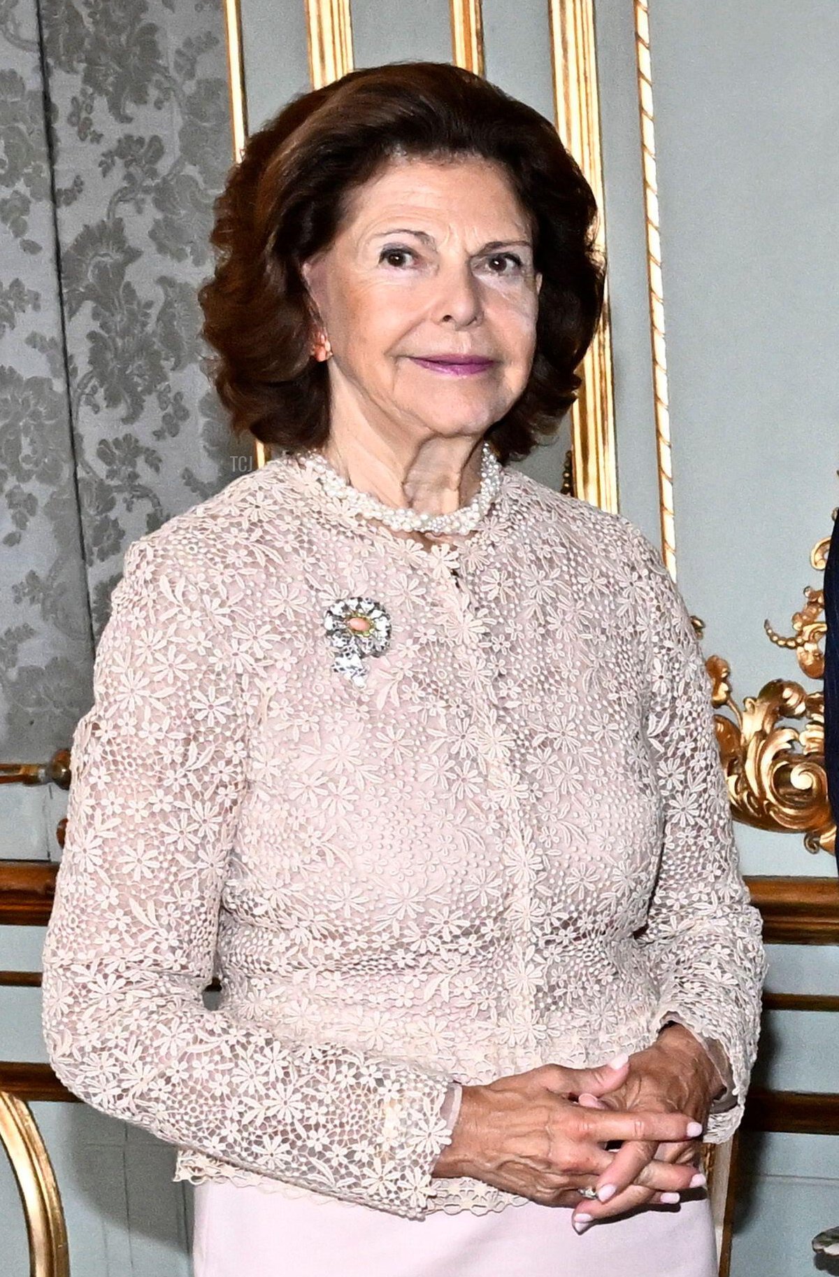 La Regina Silvia di Svezia partecipa a una ricezione per il Giubileo d'Oro al Palazzo Reale di Stoccolma, 13 settembre 2023 (Jonas Ekströmer/TT News Agency/Alamy)