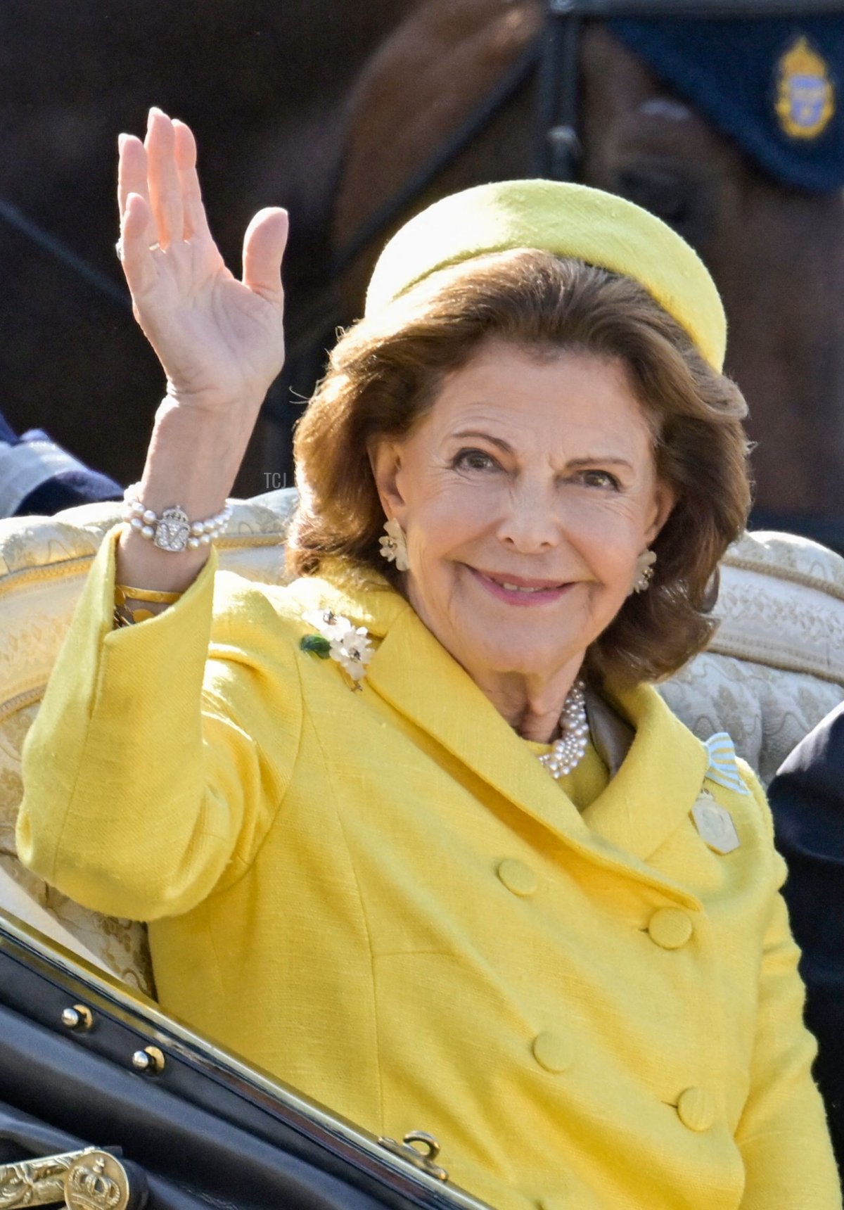 Re Carlo XVI Gustavo e Regina Silvia di Svezia in carrozza aperta durante la processione del Giubileo d’Oro a Stoccolma il 16 settembre 2023 (JANERIK HENRIKSSON/TT NEWS AGENCY/AFP via Getty Images)