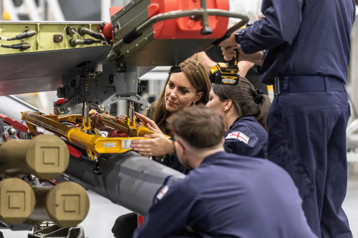 La Principessa di Galles visita la Royal Naval Air Station Yeovilton il 18 settembre 2023 (Richard Pohle - WPA Pool/Getty Images)