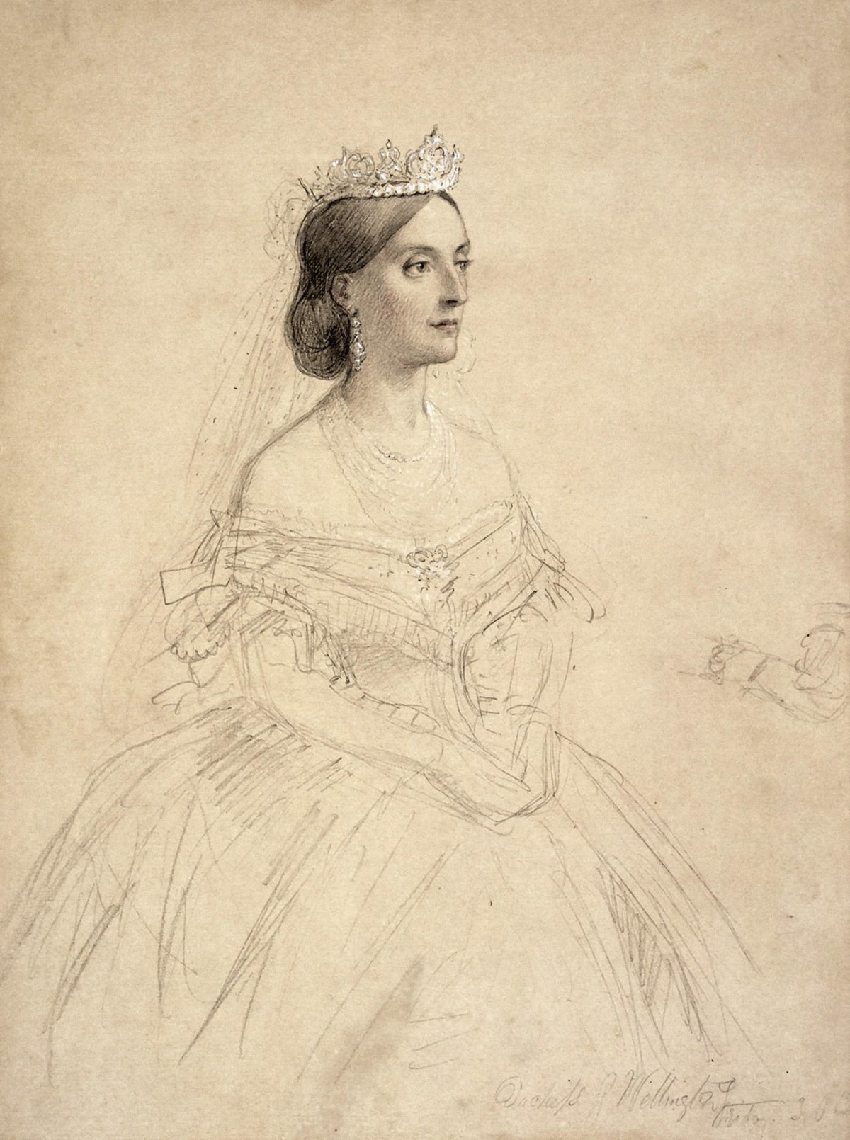 Elizabeth Wellesley, Duchessa di Wellington, in un disegno di George Housman Thomas per il suo dipinto del matrimonio del Principe e della Principessa di Galles, 1863 (Painters/Alamy)