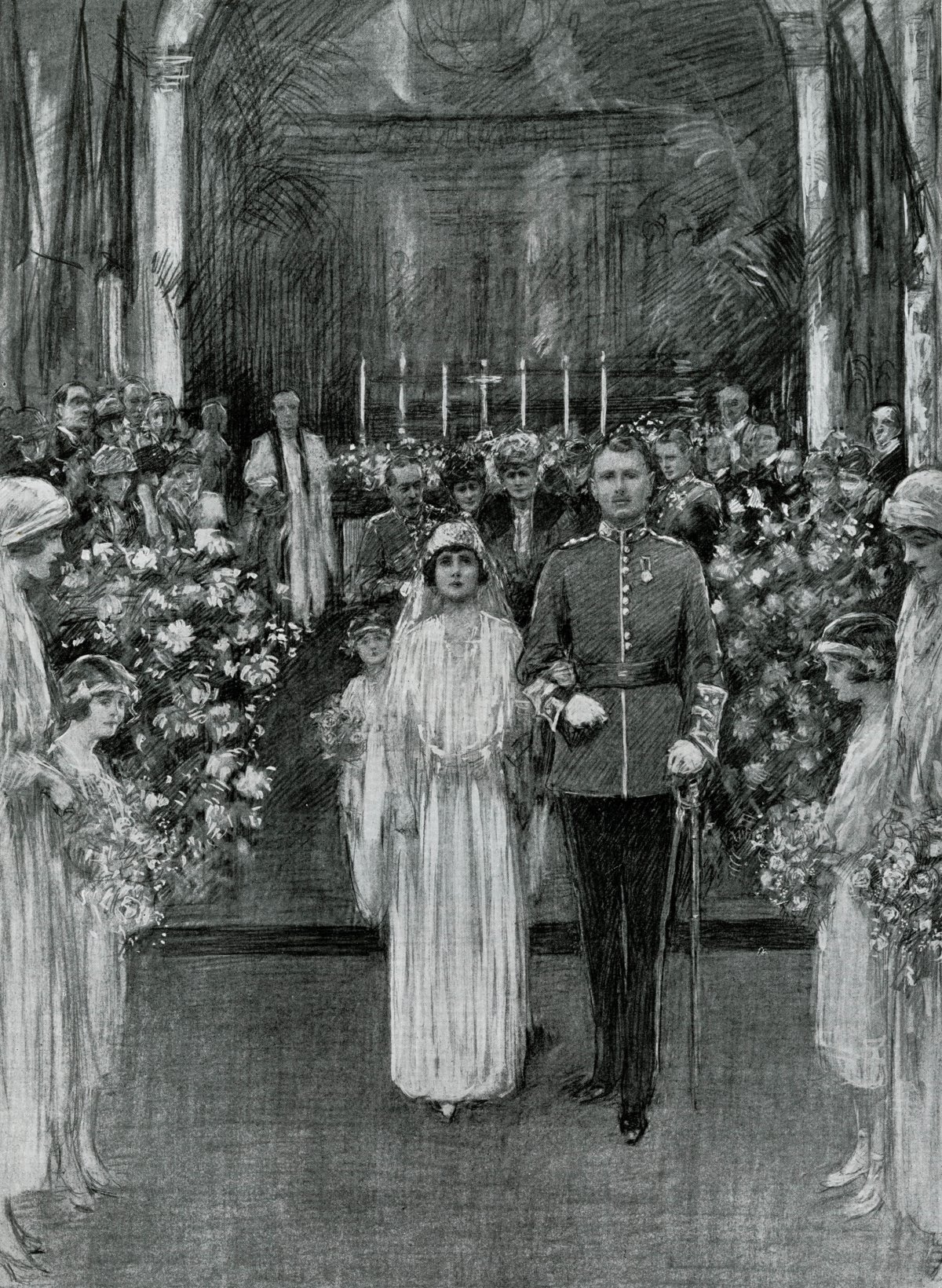 Un'illustrazione di Balliol Salmon ritrae il matrimonio della Principessa Maud e Lord Carnegie presso la Cappella dei Guards, Wellington Barracks a Londra il 12 novembre 1923 (Chronicle/Alamy)