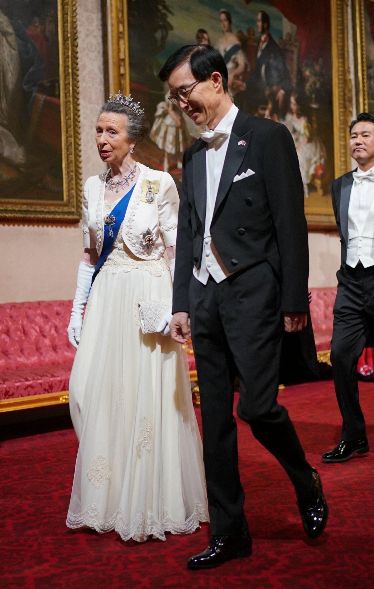 La Principessa Reale, con il Ministro dell'Industria sudcoreano Bang Moon-kyu, partecipa a un banchetto di stato in onore del presidente visitatore della Corea del Sud a Buckingham Palace a Londra il 21 novembre 2023 (Yui Mok/PA Images/Alamy)