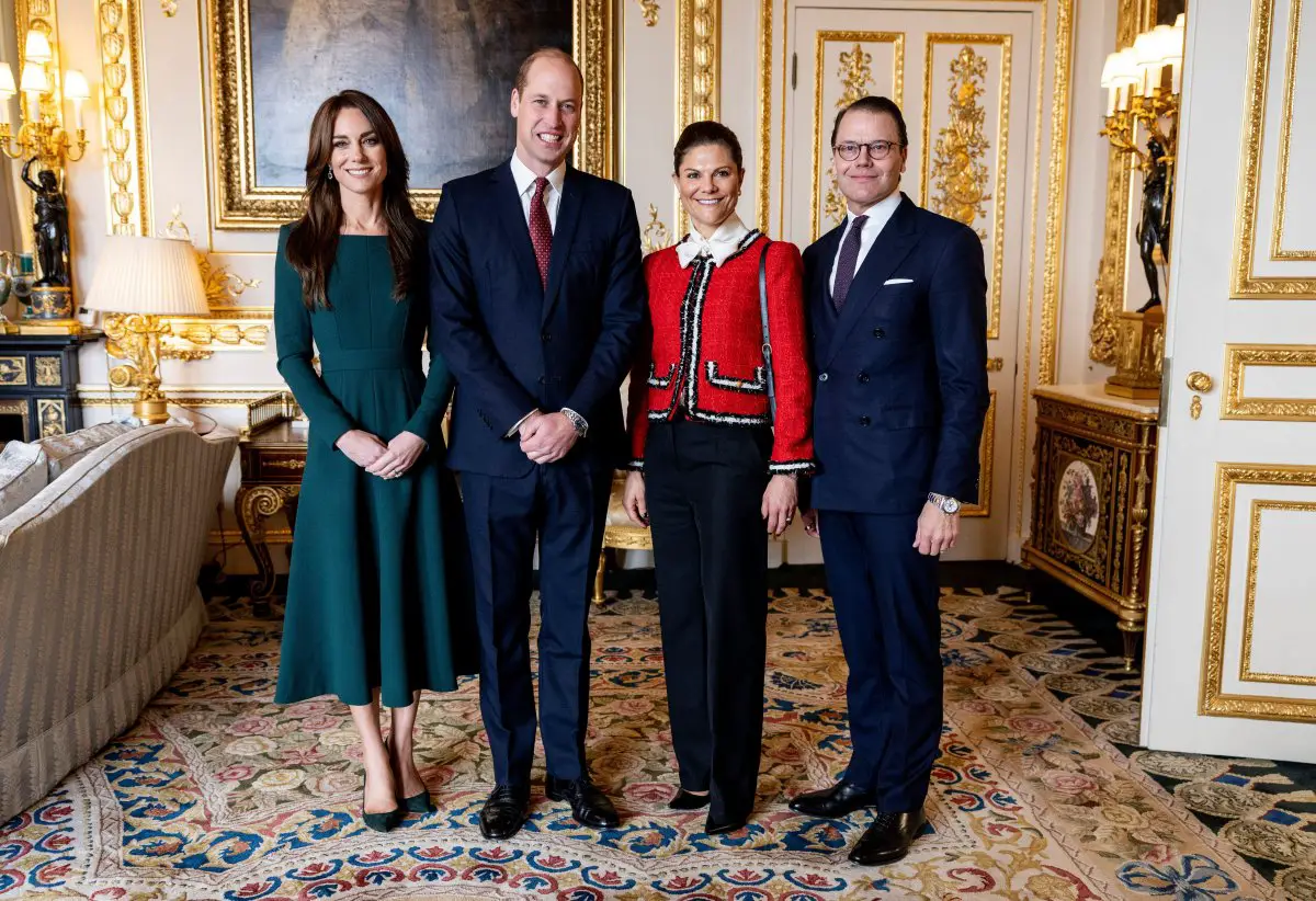 Il Principe e la Principessa di Galles accolgono la Principessa Ereditaria Victoria e il Principe Daniel di Svezia al Castello di Windsor il 30 novembre 2023 (Christine Olsson/TT News Agency/Alamy)