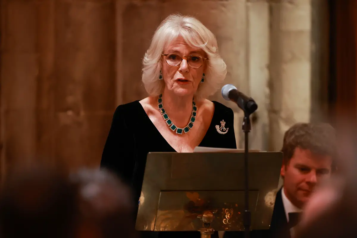 La Duchessa di Cornovaglia pronuncia un discorso durante la cena dei Rifles Awards al Guildhall di Londra il 24 novembre 2021 (Hannah McKay - WPA Pool/Getty Images)