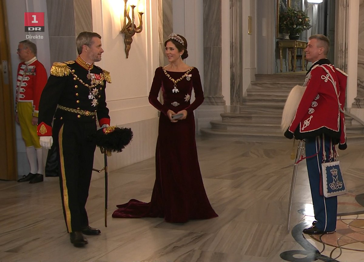 Il principe ereditario Frederik e la principessa ereditiera Mary di Danimarca per la levee di Capodanno ad Amalienborg il 1 gennaio 2024 (screencapture)