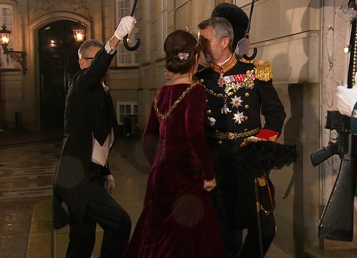 Il principe ereditario Frederik e la principessa ereditiera Mary di Danimarca per la levee di Capodanno ad Amalienborg il 1 gennaio 2024 (screencapture)