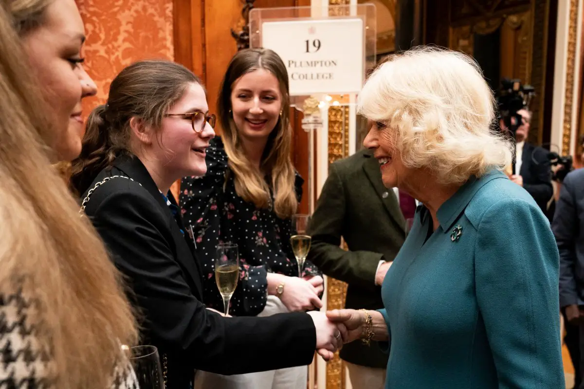 Queen Camilla of the United Kingdom presents the Queen's Anniversary Prizes for higher and further education at Buckingham Palace on February 22, 2024 (Buckingham Palace)