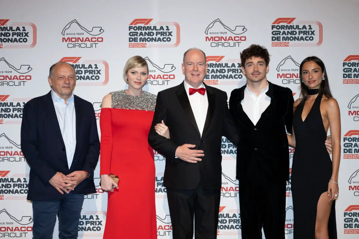 Prince Albert II and Princess Charlene of Monaco, with Frederic Vasseur, Charles LeClerc, and Alexandra Saint Mleux, attend the F1 Grand Prix of Monaco gala dinner on May 26, 2024 (Palais Princier de Monaco)