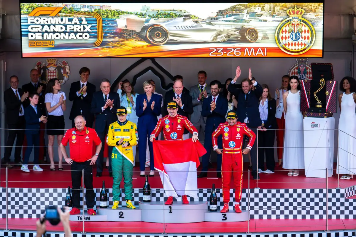 Prince Albert II and Princess Charlene of Monaco are joined by other members of the extended Grimaldi family during the podium ceremony after the F1 Grand Prix of Monaco in Monte-Carlo on May 26, 2024 (Palais Princier de Monaco)