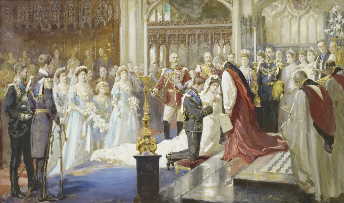 Il dipinto di Sydney Prior Hall del matrimonio del Principe Gustavo Adolfo di Svezia e della Principessa Margherita di Connaught nella Cappella di San Giorgio, Windsor, il 15 giugno 1905 (Royal Collection Trust)