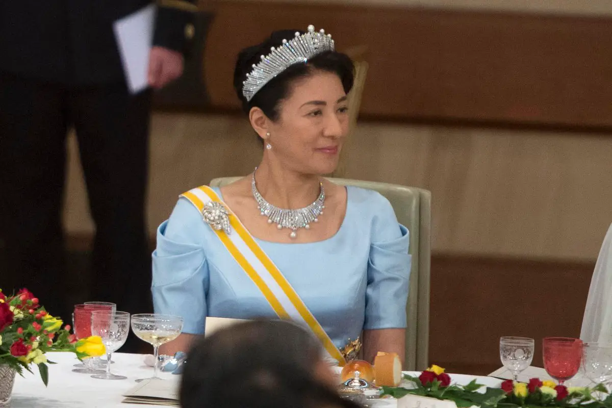 La Principessa Masako del Giappone partecipa a un banchetto di gala durante la visita di stato spagnola in Giappone il 4 aprile 2017 (Carlos Bergamín/Alamy)