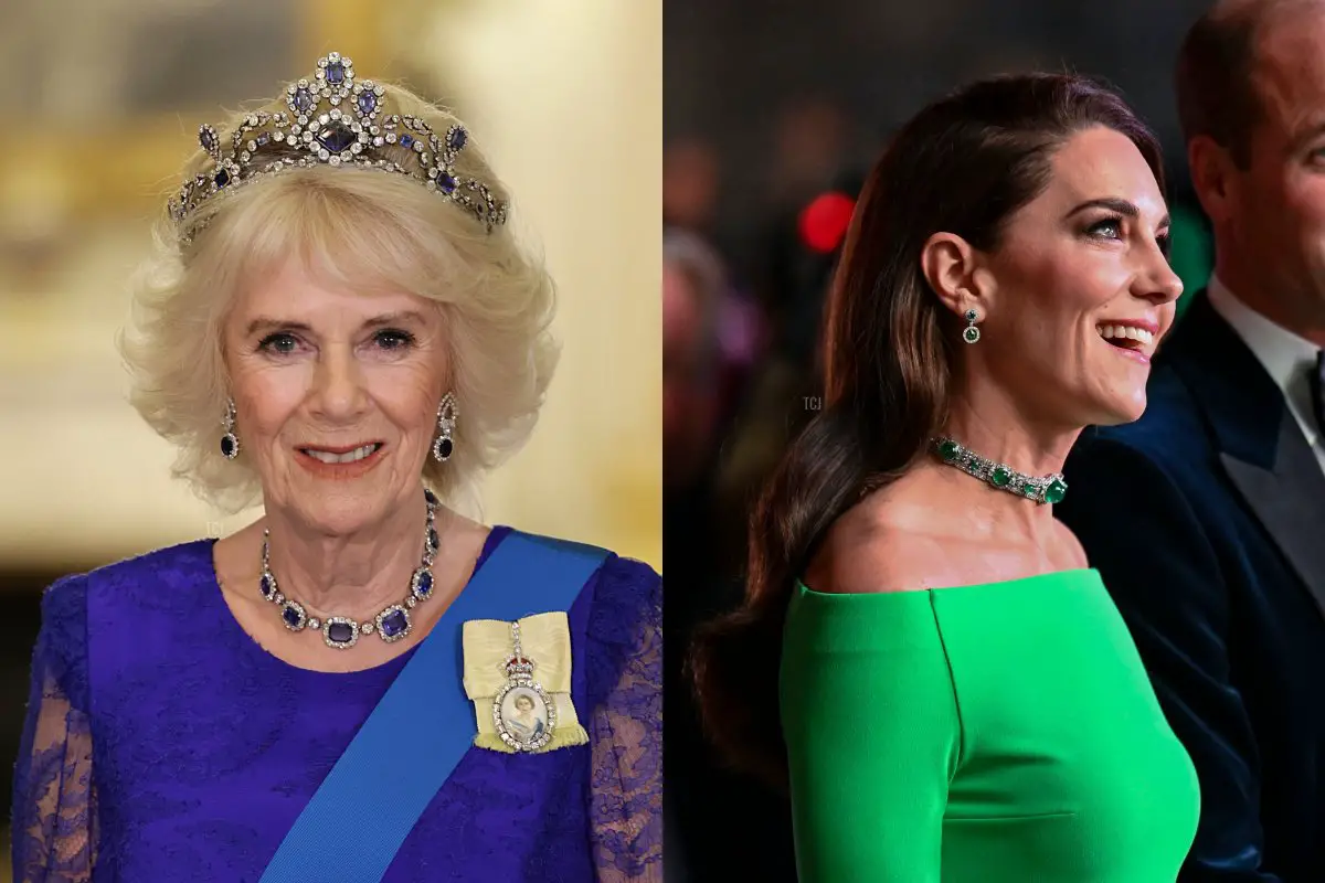 Camilla con i zaffiri della Regina, Kate con gli smeraldi reali