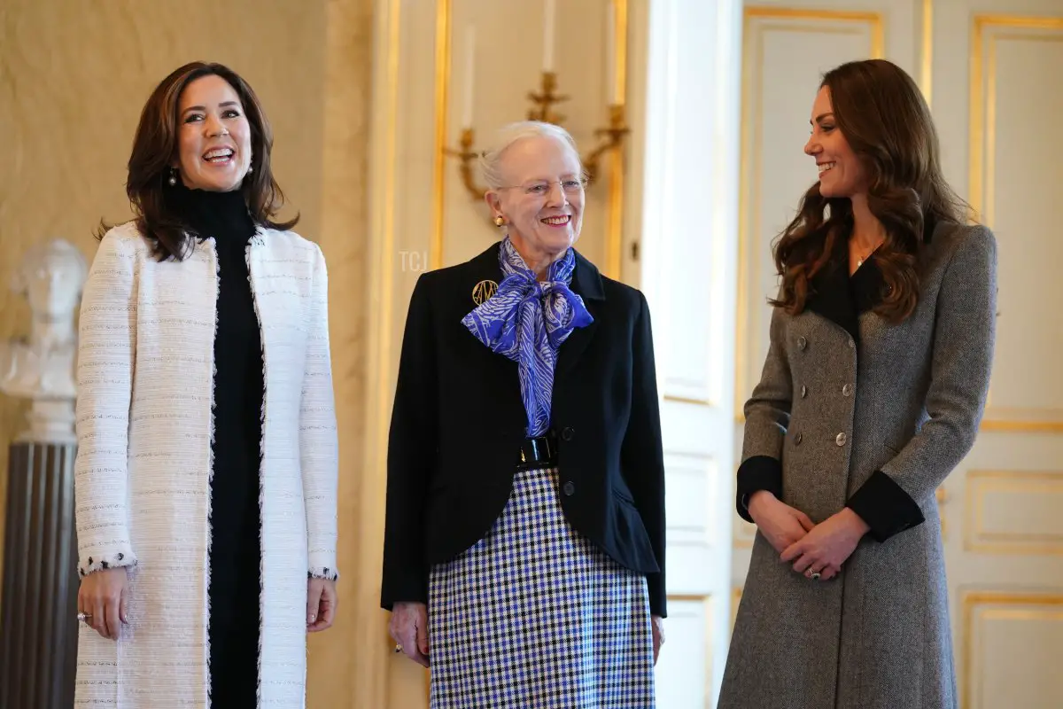 Catherine, Duchess of Cambridge (R) is welcomed by Queen Margrethe II (C) and Crown Princess Mary of Denmark (L) during an audience at Christian IX's Palace on February 23, 2022 in Copenhagen, Denmark