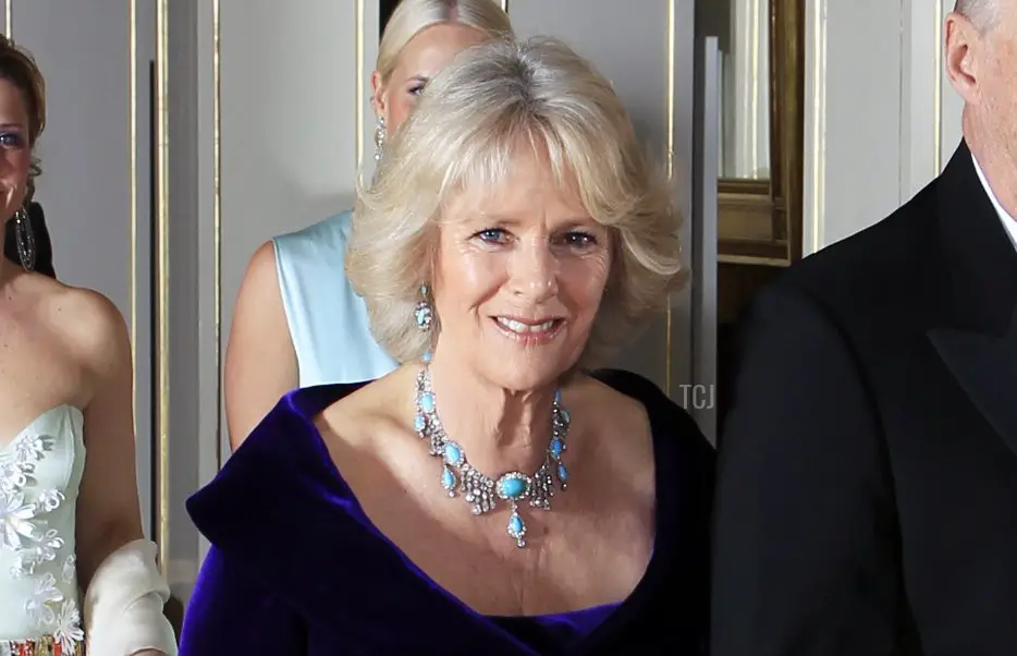 La duchessa di Cornwall, Camilla (L), e il re norvegese Harald arrivano il 20 marzo 2012 per una cena di gala al palazzo reale di Oslo