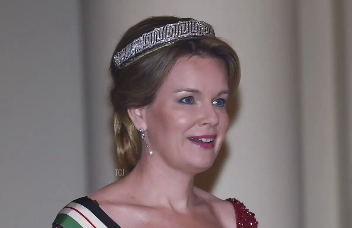 Queen Mathilde of Belgium attends a gala dinner at the Laeken royal Palace in Brussels, on May 18, 2016