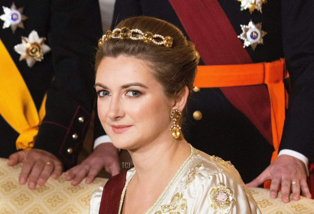 Principessa Stéphanie, Granduchessa Ereditario di Lussemburgo al Palais Grand-Ducal in Lussemburgo, il 15 ottobre 2019, per la foto ufficiale prima del banchetto di stato durante la visita di stato di 3 giorni dal Belgio al Lussemburgo