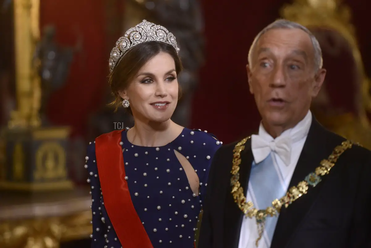 Queen Letizia of Spain and President of Portugal Marcelo Rebelo de Sousa attend a dinner gala for the President of Portugal Marcelo Rebelo de Sousa at the Royal Palace on April 16, 2018 in Madrid, Spain