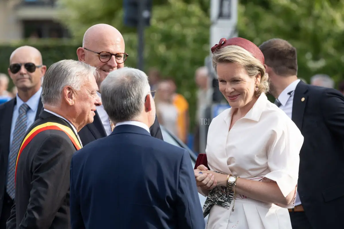 Queen Mathilde of the Belgians attends Kroningsfeesten, a traditional religious procession in Tongeren, on July 7, 2023 (BRUNO FAHY/Belga/AFP via Getty Images)