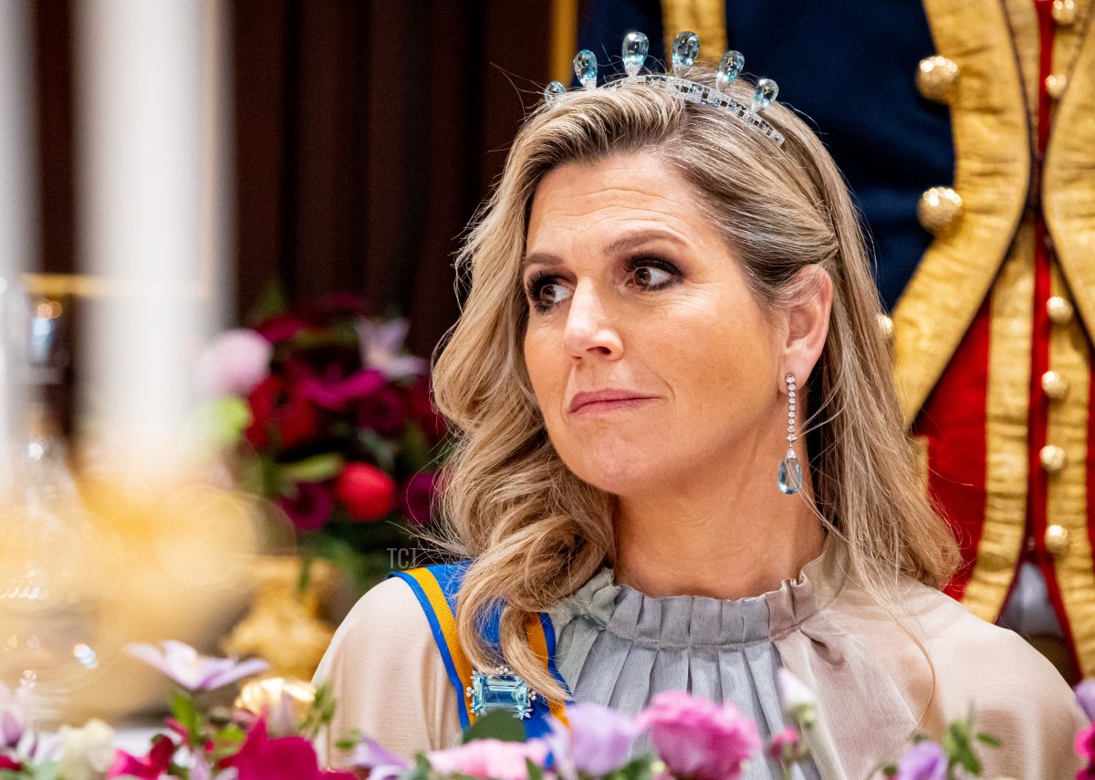 Queen Maxima of the Netherlands attends a state banquet for President Ram Nath Kovind of India and his wife at the Royal Palace on April 5, 2022 in Amsterdam (Patrick van Katwijk/Getty Images)