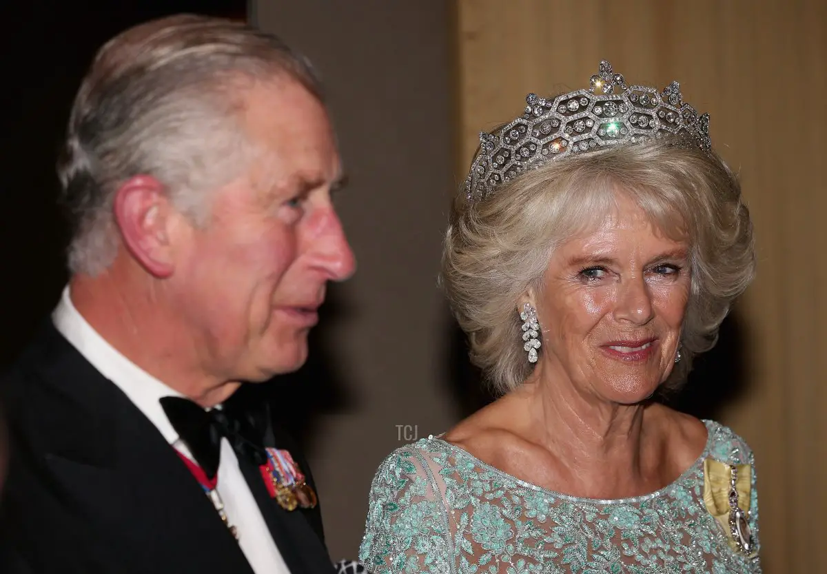 Camilla, Duchessa di Cornovaglia e il principe Carlo, Principe di Galles, attendono gli ospiti in fila durante la cena del CHOGM al Cinnamon Lakeside Hotel il 15 novembre 2013 a Colombo, Sri Lanka