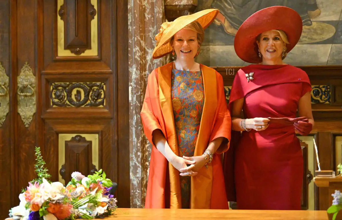 The Queen of the Belgians and the Queen of the Netherlands are pictured during a visit to Antwerp City Hall on the third and final day of the official state visit of the Dutch royal couple to Belgium, June 22, 2023 (PHILIP REYNAERS/BELGA MAG/AFP via Getty Images)